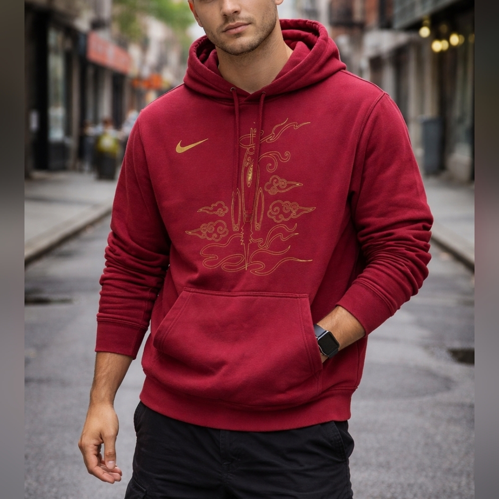 Nike Maroon Hoodie L Gold Swoosh Graphic Pullover Sweatshirt Men’s Streetwear